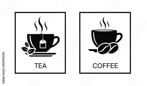 Simple black and white icons depicting a cup of tea and coffee
