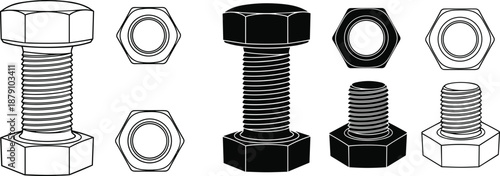 Line and silhouette illustrations of bolts and nuts, mechanical fasteners vector artwork for engineering and hardware design