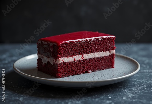 A slice of luxurious red velvet cake — shiny red frosting, minimalist presentation, dark moody background, cinematic lighting, ultra-detailed finish.