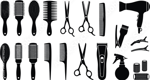 Black silhouette collection of hairdressing tools including brushes, combs, scissors, clippers, dryer, spray bottle, vector illustration