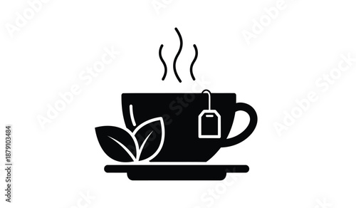 A simple black and white illustration of a hot cup of tea with leaves