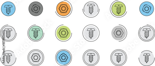 Colorful grid of screw and hex nut icons with varied backgrounds, hardware classification vector illustration for design