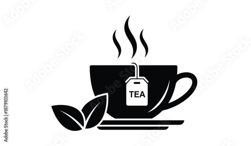 A steaming cup of tea with a tea bag and leaves illustration