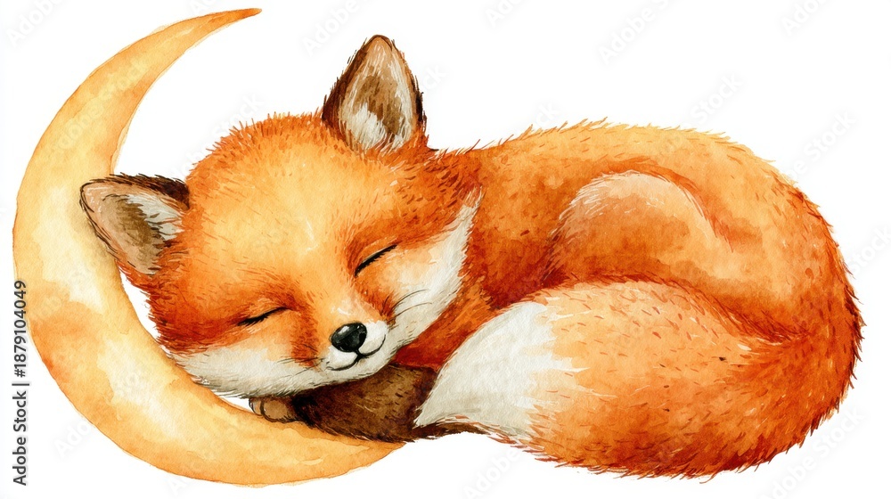 Fototapeta premium Watercolor painting of a sleeping fox with crescent moon background.