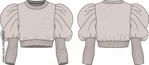 Cropped top technical fashion sketch with puff sleeves, ribbed cuffs and hem, round neckline, front and back view garment design illustration