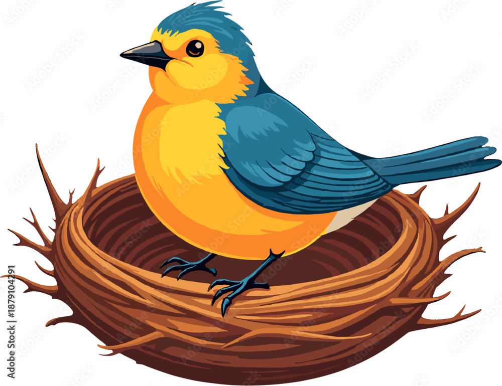 Obraz premium Cute blue and yellow bird sitting in a nest in cartoon style, perfect for spring designs, children’s illustrations, nature artwork, and animal characters