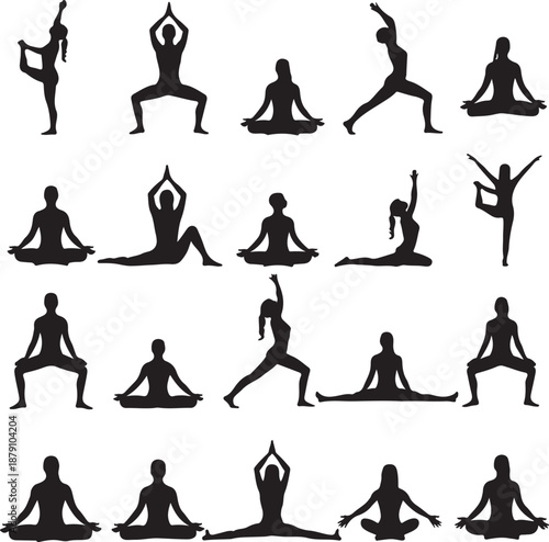 Collage of diverse yoga poses in silhouette people