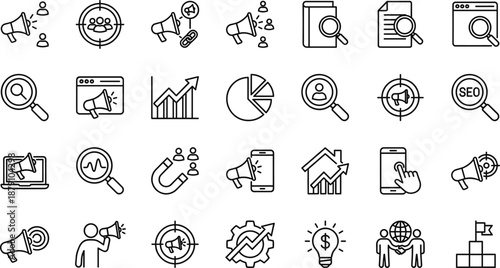 Digital marketing SEO line icon set showing advertising promotion analytics targeting growth strategy search optimization business performance tools
