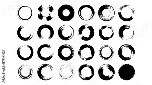 Collection of 27 black ink brush stroke circle designs and circular icons on a white background, varied textures