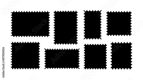 Collection of black postage stamps with perforated edges, in various rectangular and square shapes, displayed on a white background for graphic design.