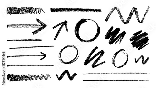 Collection of hand-drawn charcoal arrows, circles, scribbles, and lines. Rough textured graphic elements with a sketchy, imperfect style for design.