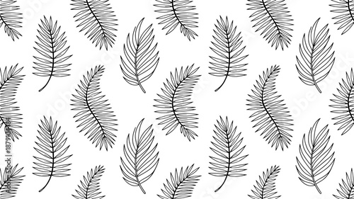 Hand-drawn black and white outline palm frond pattern, a seamless repeating tropical leaf motif for fabric or wallpaper design