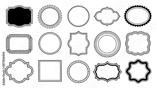 Collection of decorative black outlined and filled frames, ornate vintage borders, labels and badges for graphic design