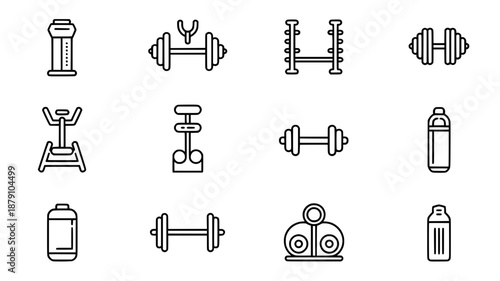 Minimalist black outline icons for gym equipment: dumbbells, stationary bike, weight rack, shaker bottle, and exercise machine. Clean vector graphics.