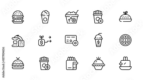 Set of 15 flat outline icons for fast food, payment, and finance. Includes burgers, fries, drinks, credit cards, and money bags on a white background.