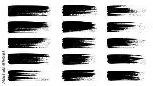 Collection of fifteen diverse black ink brush stroke textures, hand-drawn in a gritty, expressive style on a white background for design elements