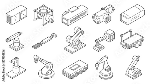 Collection of fifteen isometric outlined industrial robots, automation machinery, and factory equipment icons set against a white background.