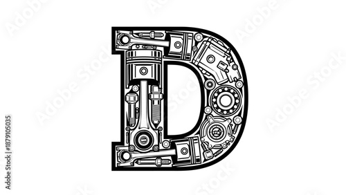 Mechanical Letter D Engine Parts Gears Pistons Bearings - Industrial Design.