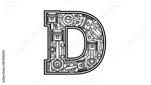Letter D Monogram Mechanical Engine Parts Design Industrial Alphabet.