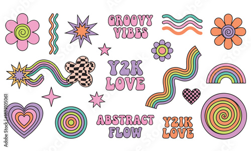 Trendy 2000s nostalgic element pack – Pastel hippie flowers and checkerboard icons