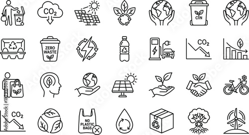 Eco friendly sustainability line icons set recycling renewable energy zero waste climate action green environment flat vector illustration collection symbols