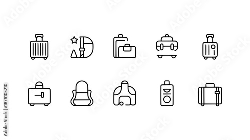 Set of ten minimalist black outline travel icons, including suitcases, duffel bags, and luggage on white background for transport and tourism