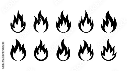 Collection of ten hand-drawn black flame icons, simple vector art, graphic elements for design, fire symbols with outline and sketch style.