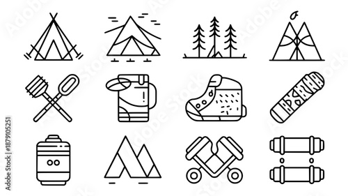 Set of 9 outdoor adventure icons: tent, mountains, trees, boot, snowboard, camping mug, spatula and fork, and fuel canister.