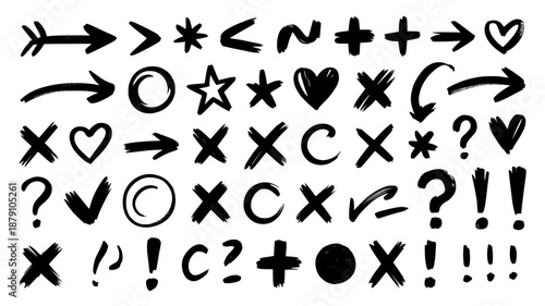 Collection of hand-drawn black crayon brush stroke symbols: arrows, hearts, crosses, circles, stars, question marks, exclamation points, and check marks.