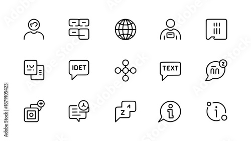 Collection of 15 flat black outline icons for communication and information, including user profiles, chat bubbles, world globe, and settings symbols.