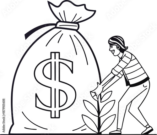 Nurturing Financial Growth: An illustration showcases a person planting a sprout of growth beside a large money bag with a dollar sign.