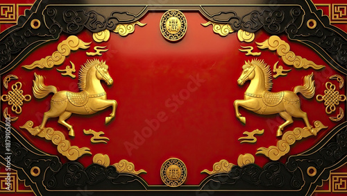 Chinese New Year greeting background template with fire horse zodiac in gold, red, and black festive colors.
