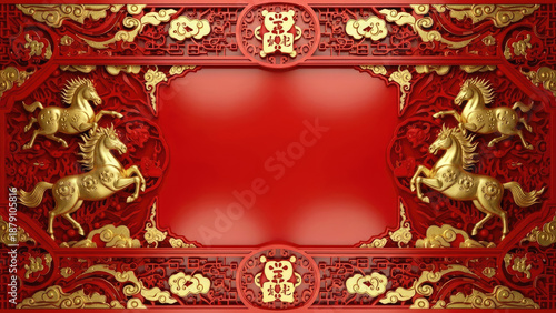 Chinese New Year greeting background template with fire horse zodiac in gold, red, and black festive colors.