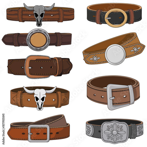 Cowboy belt cartoon vector set featuring western style belts with decorative buckles leather textures and ranch theme for kids designs branding posters stickers and creative projects