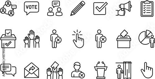 Election voting democracy line icons set ballot vote participation communication campaign governance civic rights flat outline vector illustration