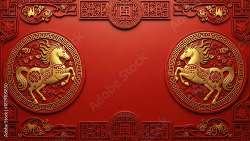 Chinese New Year greeting background template with fire horse zodiac in gold, red, and black festive colors.