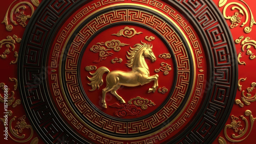 Chinese New Year greeting background template with fire horse zodiac in gold, red, and black festive colors.