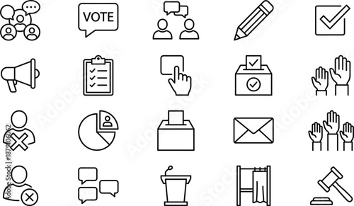 Election voting democracy line icons set civic participation ballot vote communication debate rights governance flat outline vector illustration