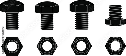 Black silhouette illustration of bolts and nuts with varied head shapes, mechanical fasteners vector for engineering design