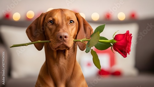 A cute dog holding a red rose in its mouth in a cozy living room