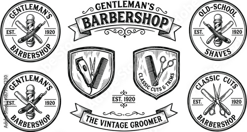 Vintage barbershop logos and emblems featuring scissors, razors, combs, clippers, classic grooming tools, retro barber vector illustration