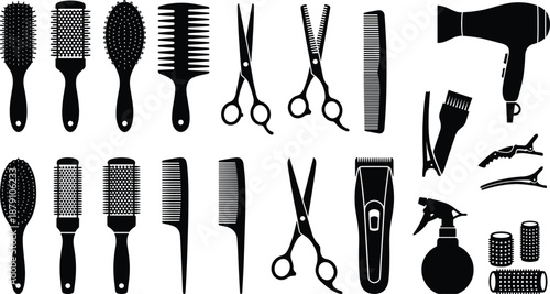 Black silhouette collection of hairdressing tools including brushes, combs, scissors, clippers, dryer, spray bottle, vector illustration