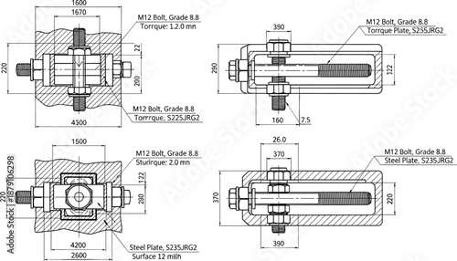 Technical drawing of mechanical assembly with M12 bolts, steel plates, torque specs, engineering vector illustration for manufacturing