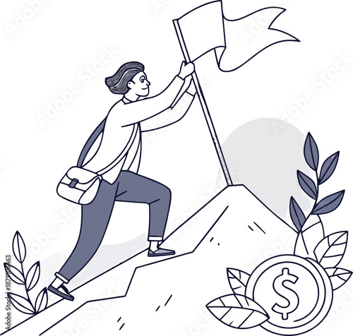 Reaching the Summit: A determined individual plants a flag atop a mountain peak, symbolizing the unwavering pursuit of a goal and the ultimate achievement.