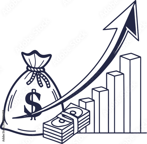 Financial Growth and Prosperity: A visual representation of financial growth is depicted through a money bag and a stack of bills accompanied by a graph and upward arrow.
