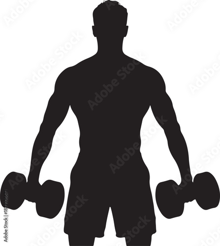 Muscular man silhouette holding dumbbells bodybuilder