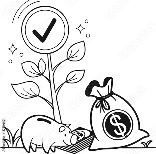 Financial Investment: An illustration depicts a piggy bank, money bag, and a flourishing plant with a checkmark, symbolizing financial growth and successful investment. 