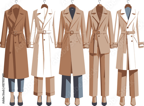 Elegant trench coats in neutral tones on hangers with stylish outfits