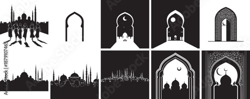 Geometric Islam Silhouette Set: A stunning collection of geometric silhouette captures the essence of Islamic architecture, conveying the profound beauty and spirituality inherent in these designs.