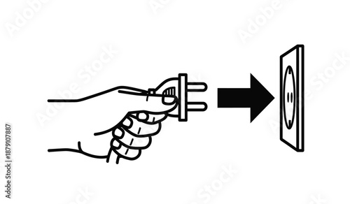 A hand plugging an electrical plug into a wall socket illustration